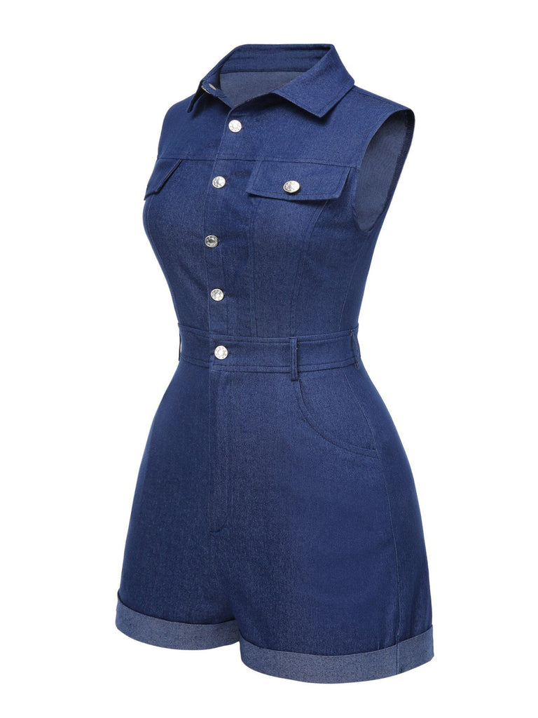 Tuta corta in cotone tinta unita in denim blu anni '70
