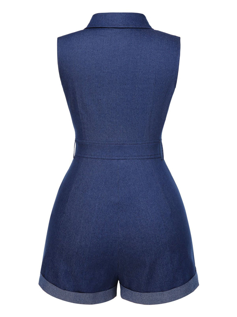 Tuta corta in cotone tinta unita in denim blu anni '70