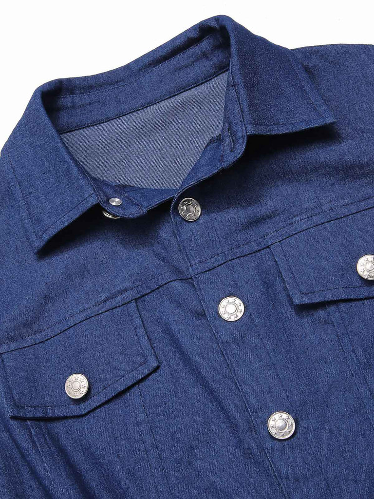 Tuta corta in cotone tinta unita in denim blu anni '70
