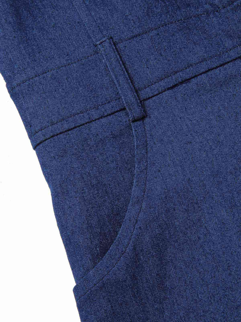 Tuta corta in cotone tinta unita in denim blu anni '70