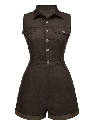 Tuta corta in cotone tinta unita in denim marrone anni '70