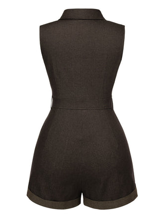 Tuta corta in cotone tinta unita in denim marrone anni '70