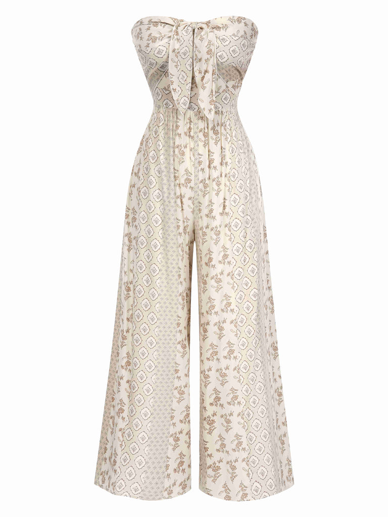 Tuta lunga bandeau beige anni '70 bohémien con floreale e fiocco