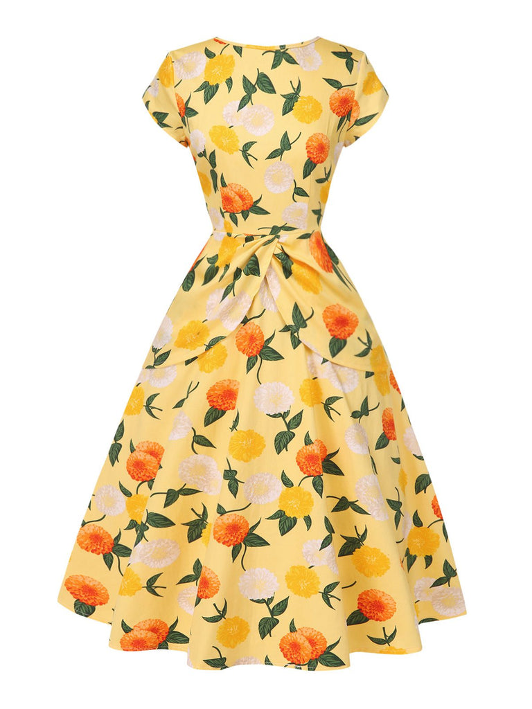 Abito arricciato fiori di ortensia giallo anni '50