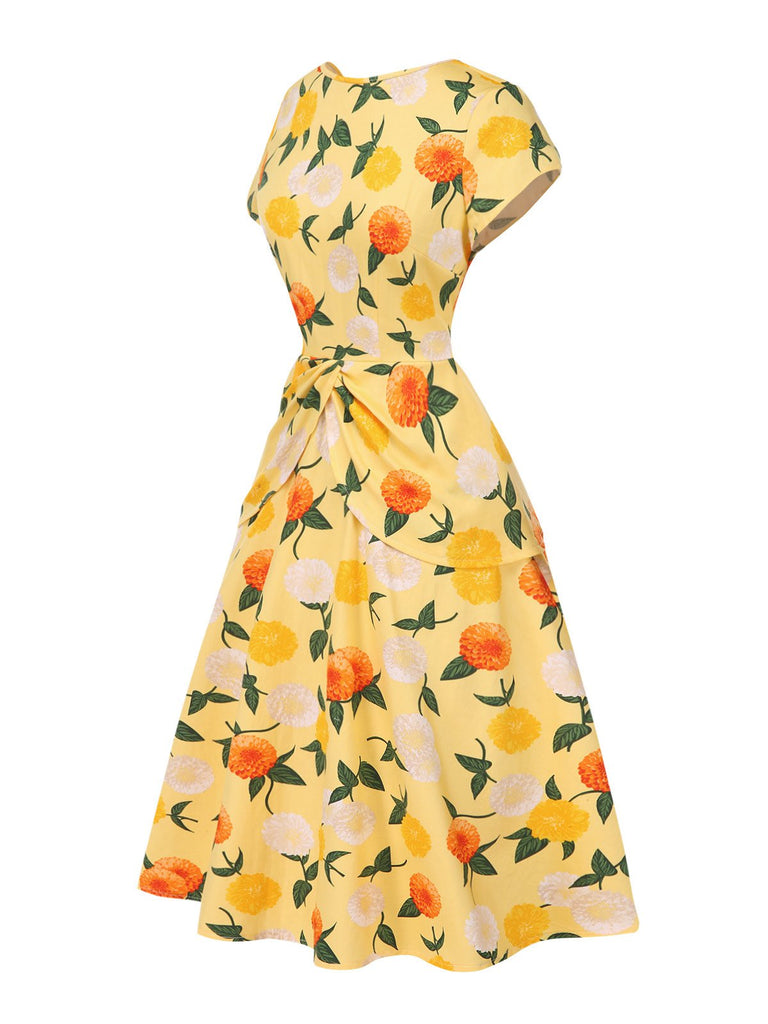 Abito arricciato fiori di ortensia giallo anni '50