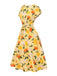 Abito arricciato fiori di ortensia giallo anni '50