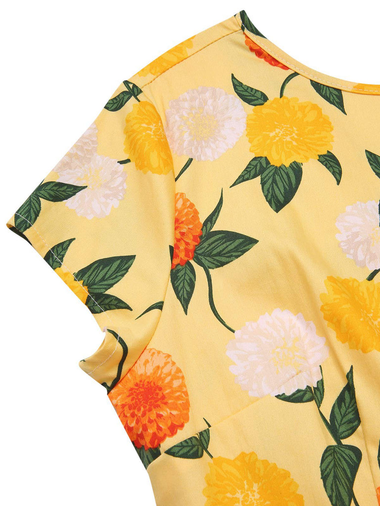Abito arricciato fiori di ortensia giallo anni '50