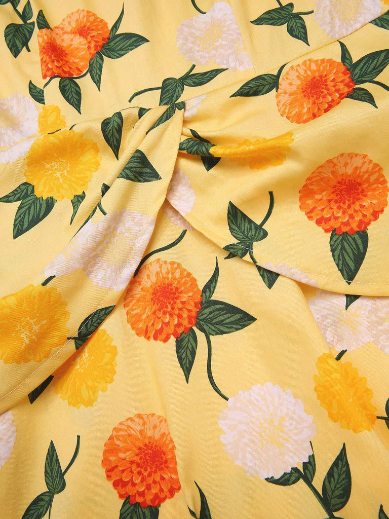 Abito arricciato fiori di ortensia giallo anni '50