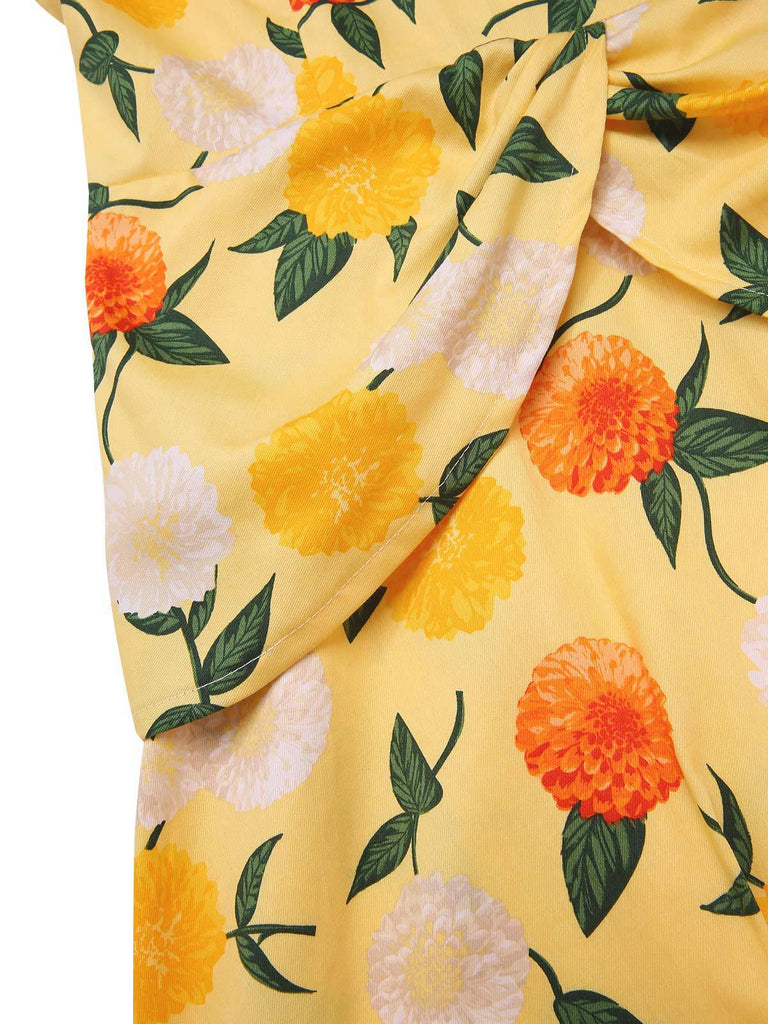 Abito arricciato fiori di ortensia giallo anni '50