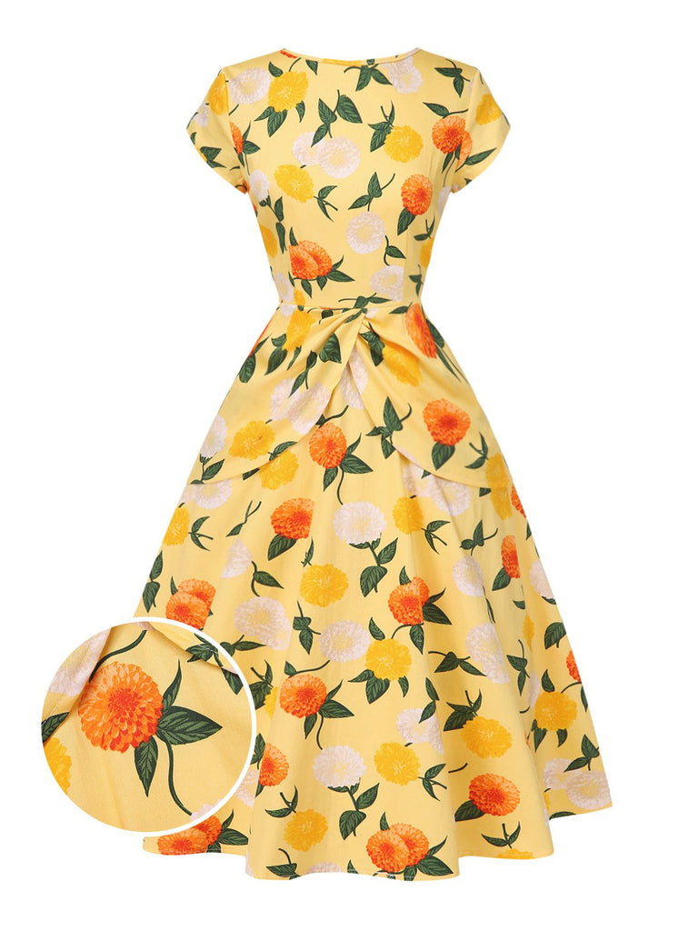 Abito arricciato fiori di ortensia giallo anni '50