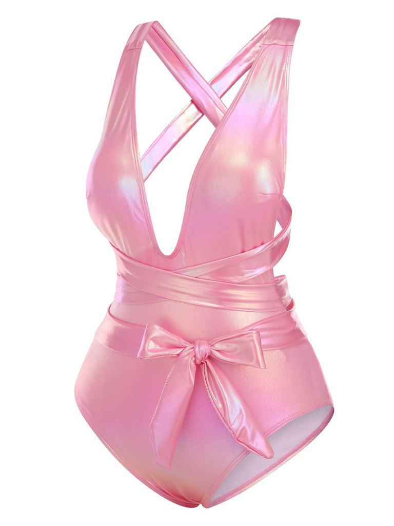 Costumi intero con lacci metallizzato rosa anni '70