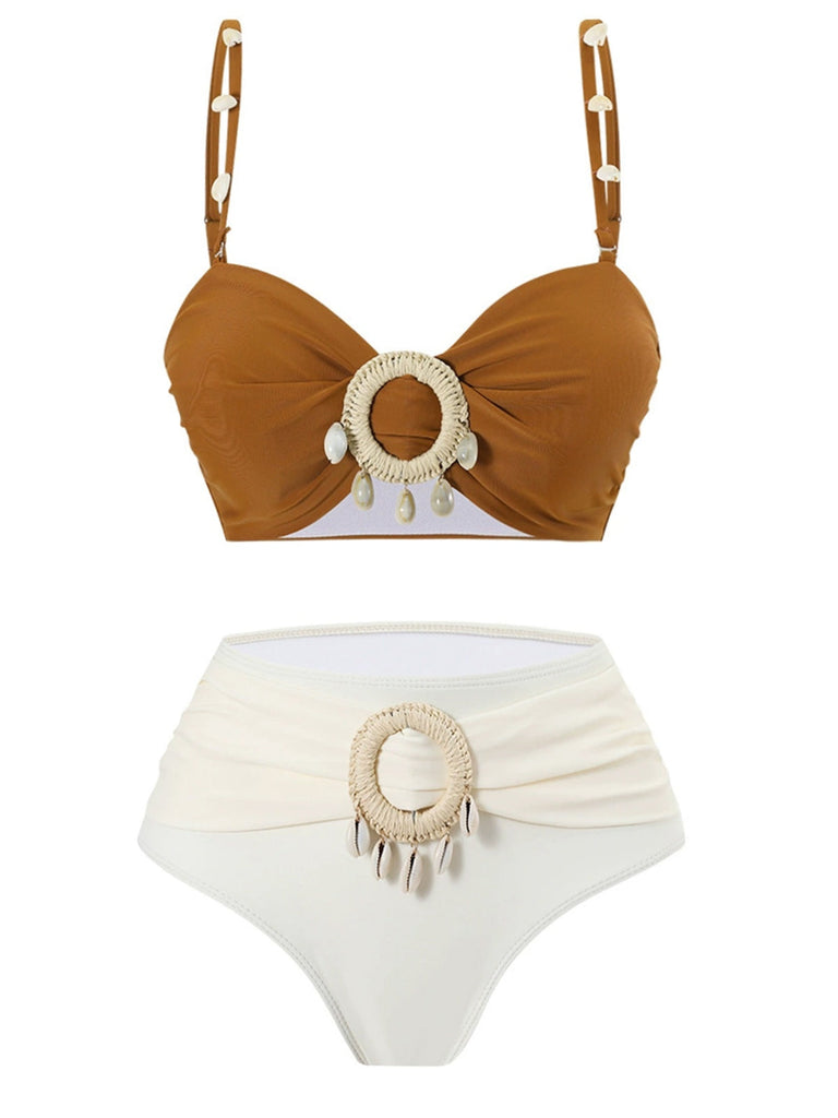Set bikini boho a conchiglia colorblock marrone anni '40