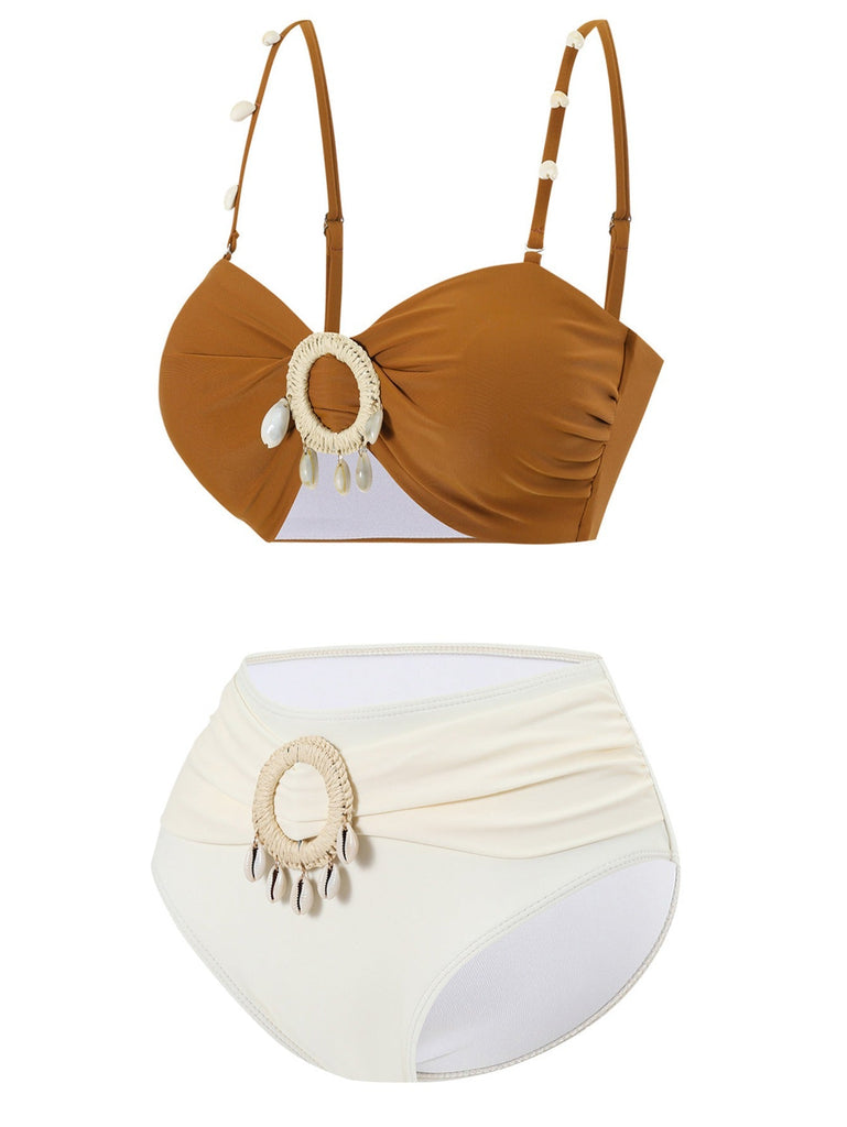 Set bikini boho a conchiglia colorblock marrone anni '40