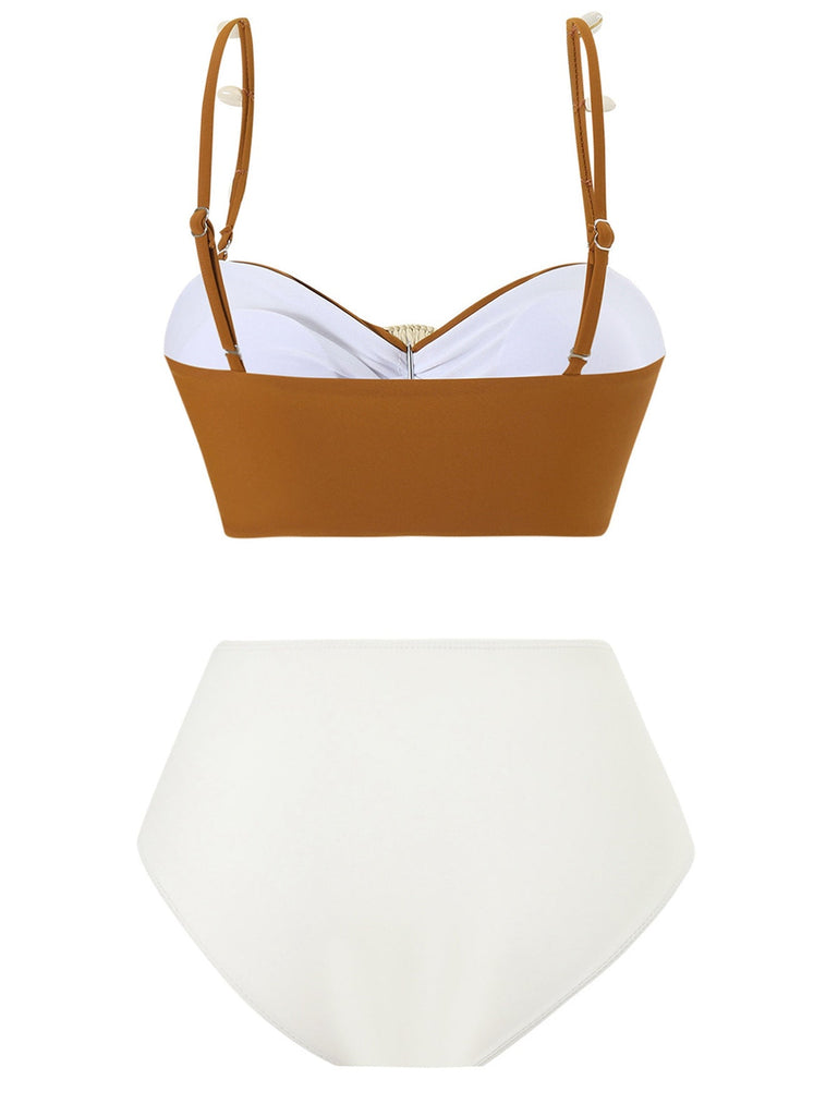 Set bikini boho a conchiglia colorblock marrone anni '40