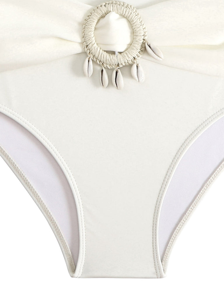 Set bikini boho a conchiglia colorblock marrone anni '40