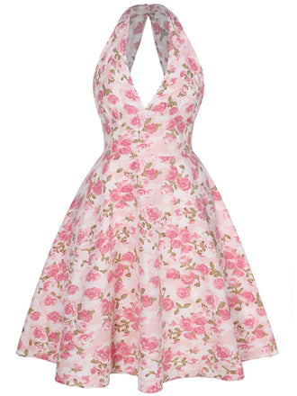 [Taglia Forti] Abito scollo a V floreale Rosa anni '50