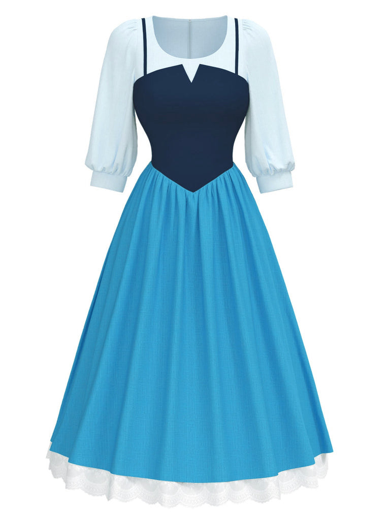2PCS Camicetta e abito con bretelle colorblock blu anni '40
