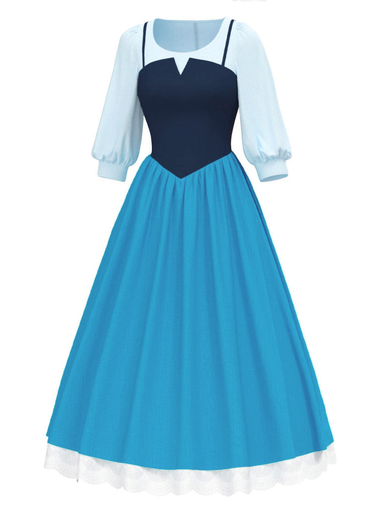 2PCS Camicetta e abito con bretelle colorblock blu anni '40