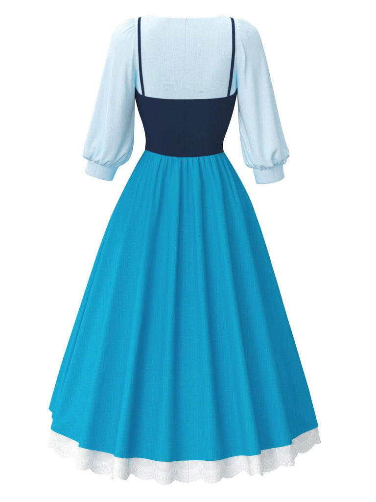 2PCS Camicetta e abito con bretelle colorblock blu anni '40