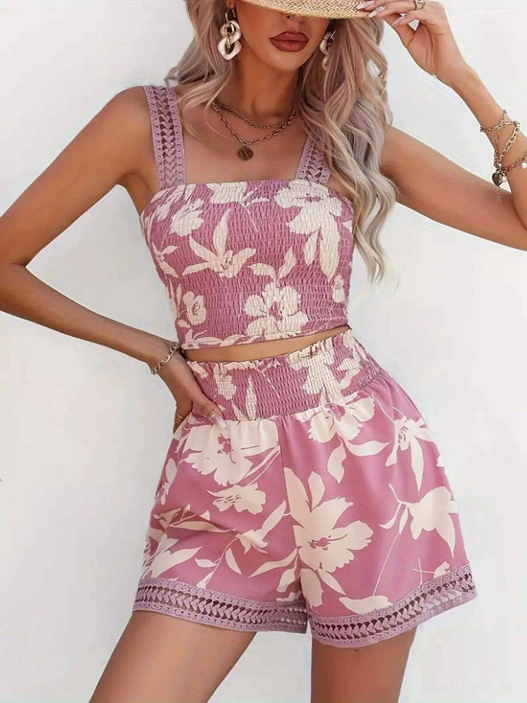 2PCS Canotta e pantaloncini con floreale arricciature anni '60