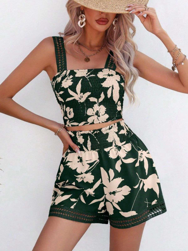 2PCS Canotta e pantaloncini con floreale arricciature anni '60
