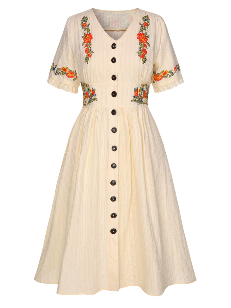 [Taglia Forti] Abito floreale in puro cotone beige anni '40