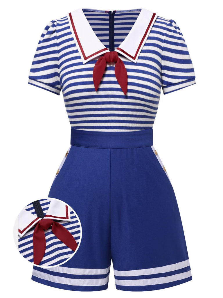 Tuta corta in cotone a righe nautiche cravatta blu anni '50