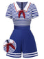 Tuta corta in cotone a righe nautiche cravatta blu anni '50