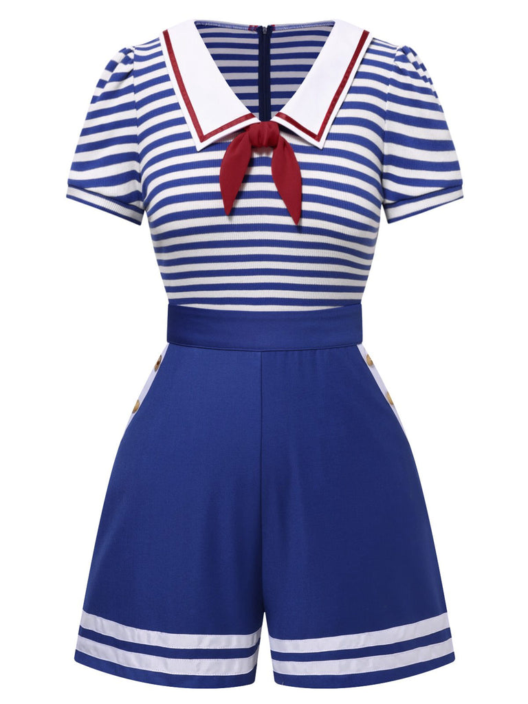 Tuta corta in cotone a righe nautiche cravatta blu anni '50