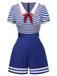 Tuta corta in cotone a righe nautiche cravatta blu anni '50