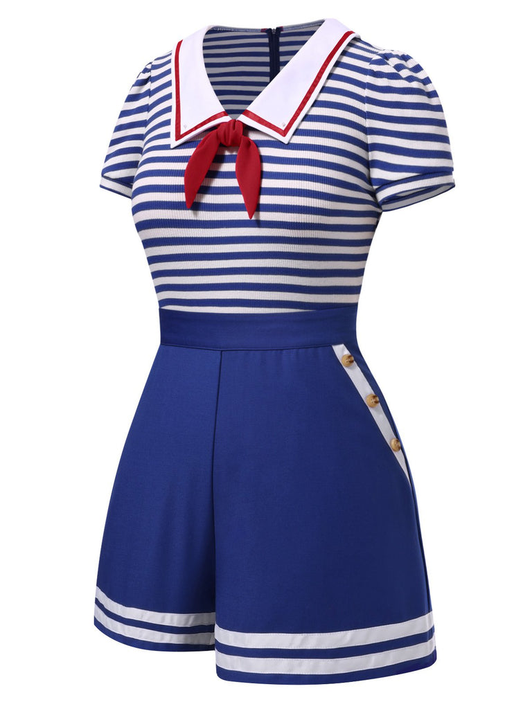 Tuta corta in cotone a righe nautiche cravatta blu anni '50