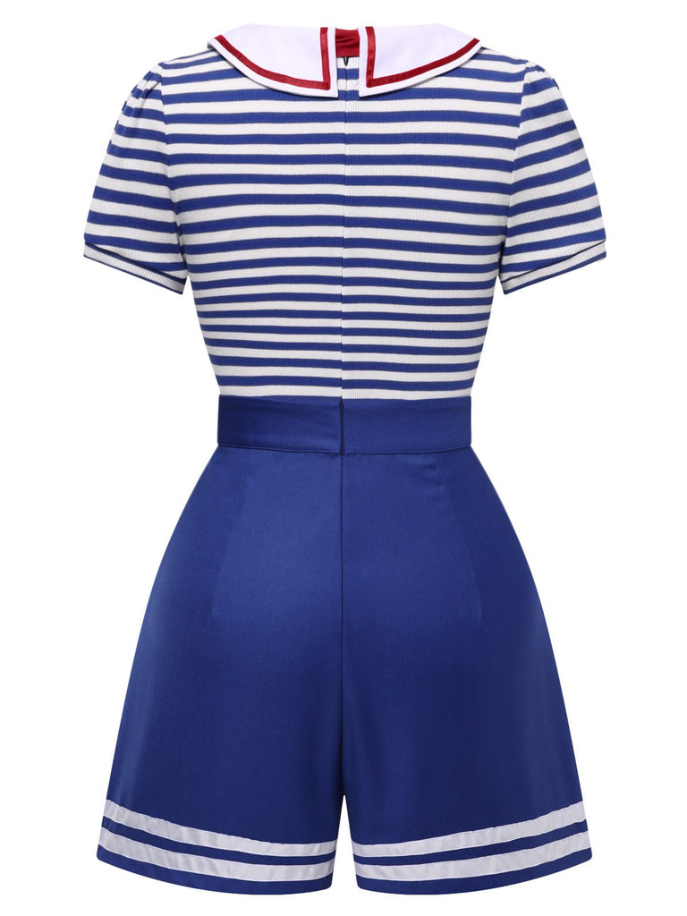 Tuta corta in cotone a righe nautiche cravatta blu anni '50