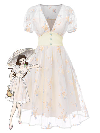 Abito ricami floreale scollo a V profondo bianco anni '50
