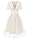 Abito ricami floreale scollo a V profondo bianco anni '50