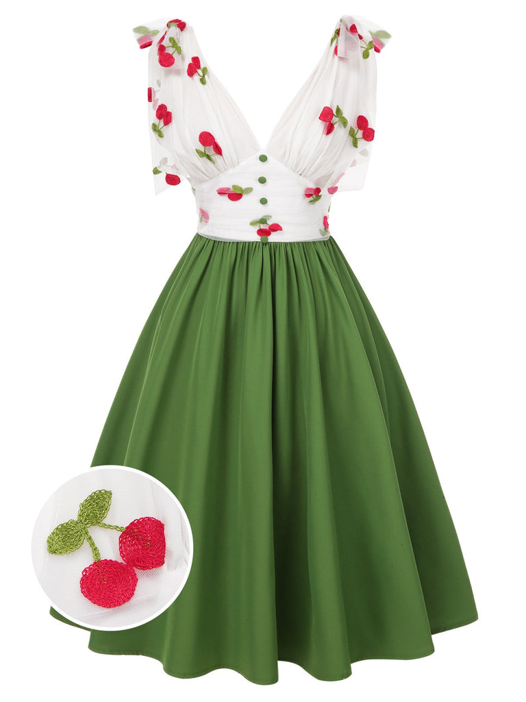 Abito ciliegia in rete scollo a V patchwork verde anni '50