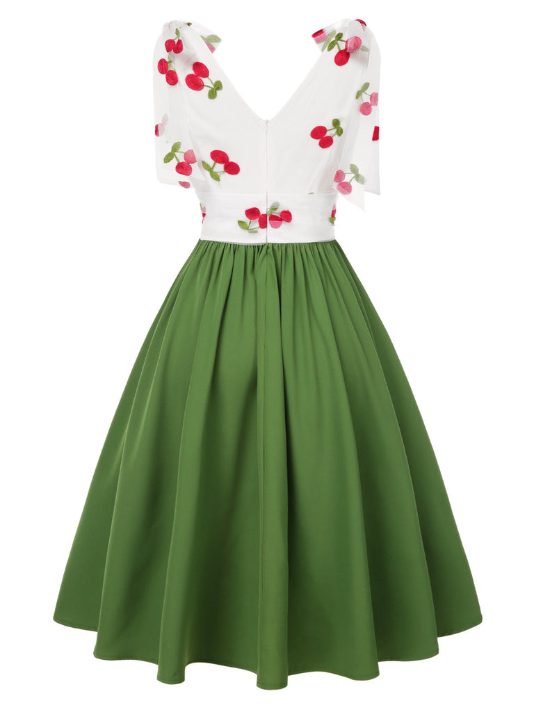 Abito ciliegia in rete scollo a V patchwork verde anni '50