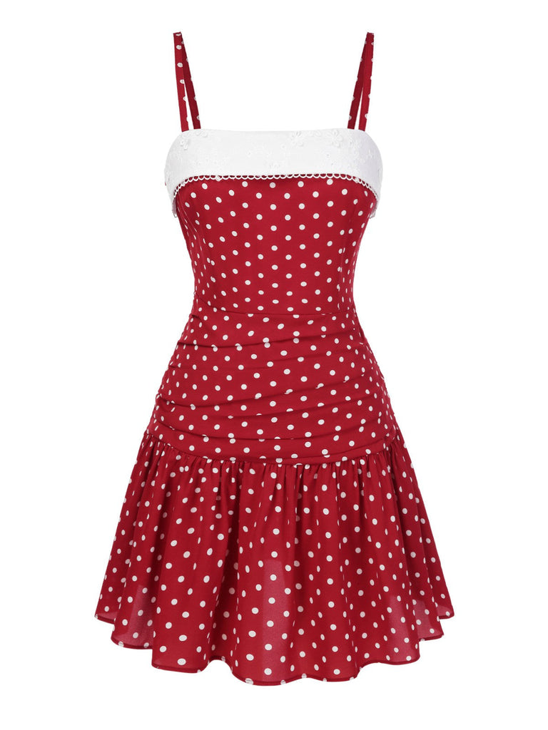 Abito plissettato con pois in pizzo rosso anni '60