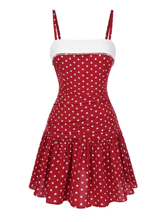 Abito plissettato con pois in pizzo rosso anni '60