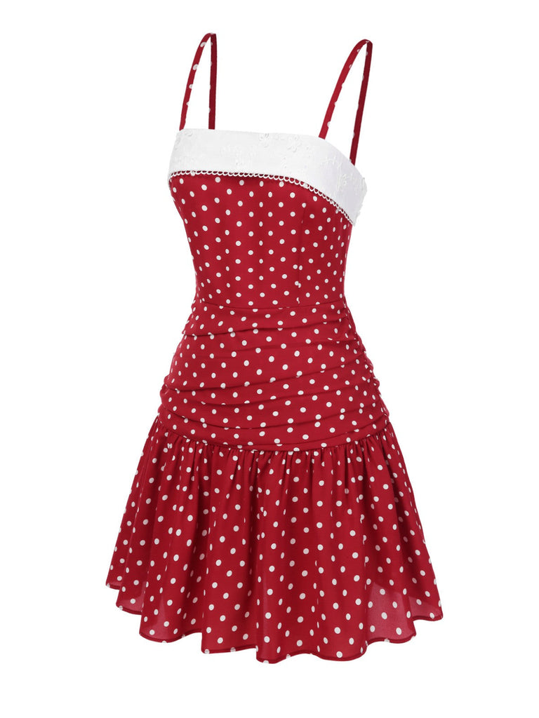 Abito plissettato con pois in pizzo rosso anni '60