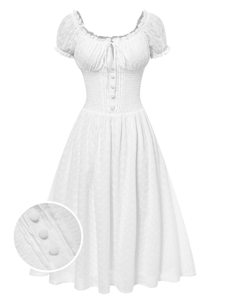 Abito in pizzo ricamato in cotone bianco anni '40