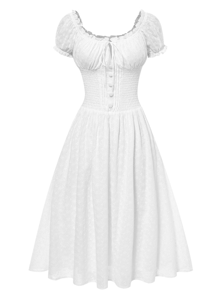 Abito in pizzo ricamato in cotone bianco anni '40