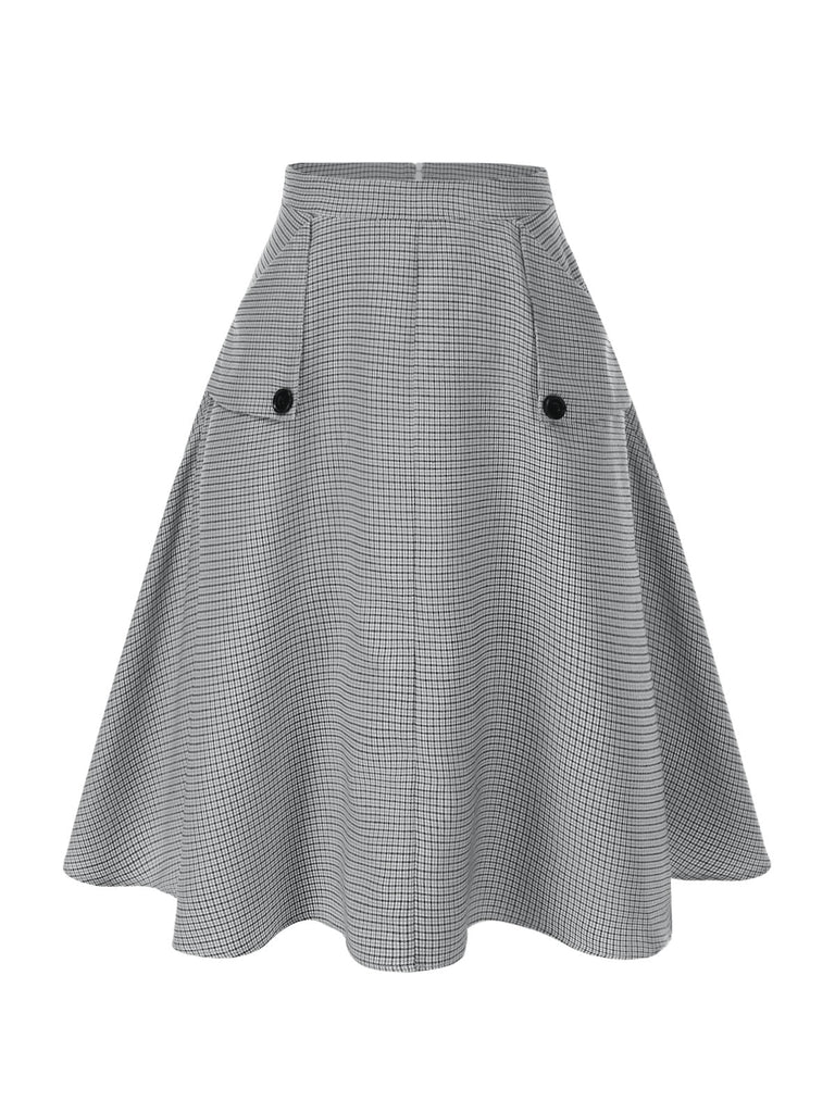 Gonna plaid con tasche e bottoni grigio anni '50