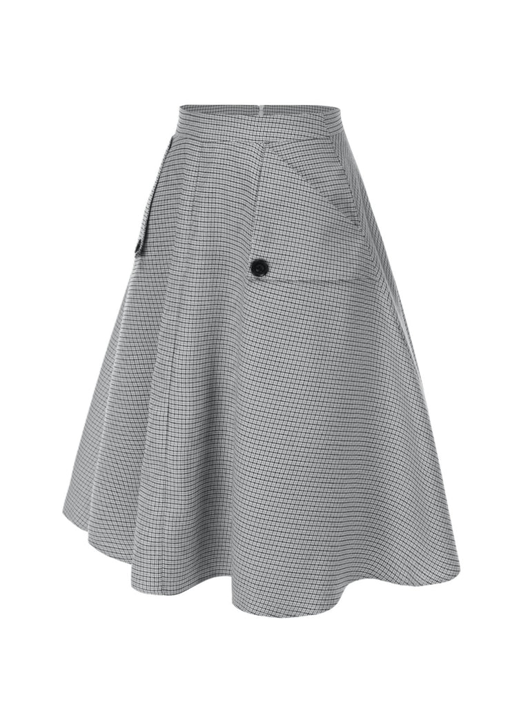 Gonna plaid con tasche e bottoni grigio anni '50