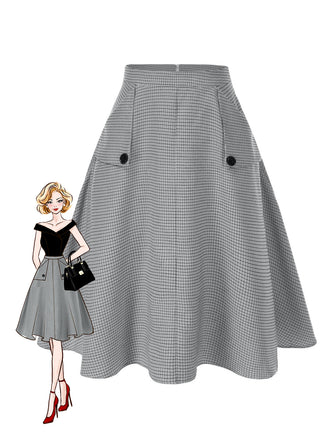Gonna plaid con tasche e bottoni grigio anni '50