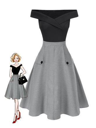 2PCS Top con spalle scoperte e gonna plaid anni '50