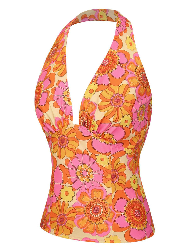 Top floreale hippie scollo all'americana arancione anni '60