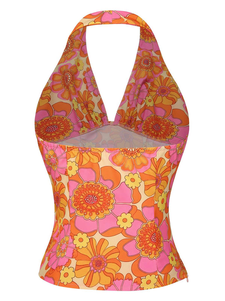 Top floreale hippie scollo all'americana arancione anni '60