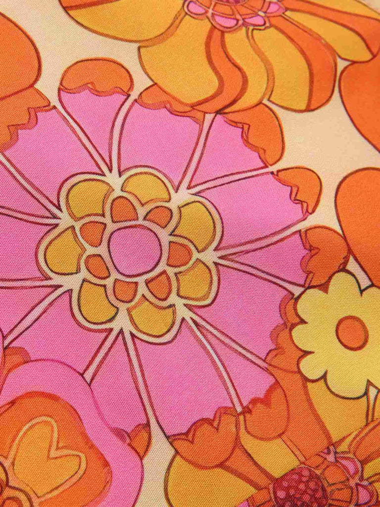 Top floreale hippie scollo all'americana arancione anni '60