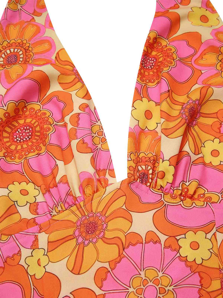 Top floreale hippie scollo all'americana arancione anni '60
