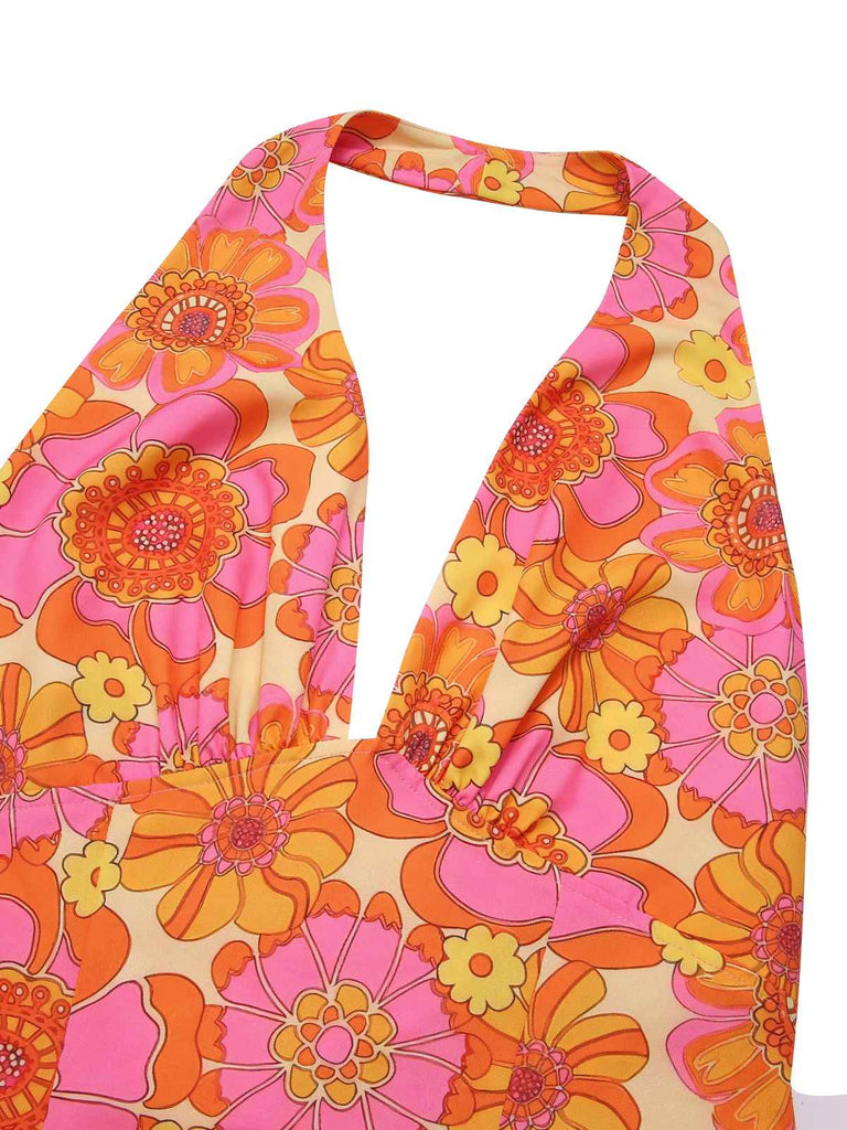 Top floreale hippie scollo all'americana arancione anni '60